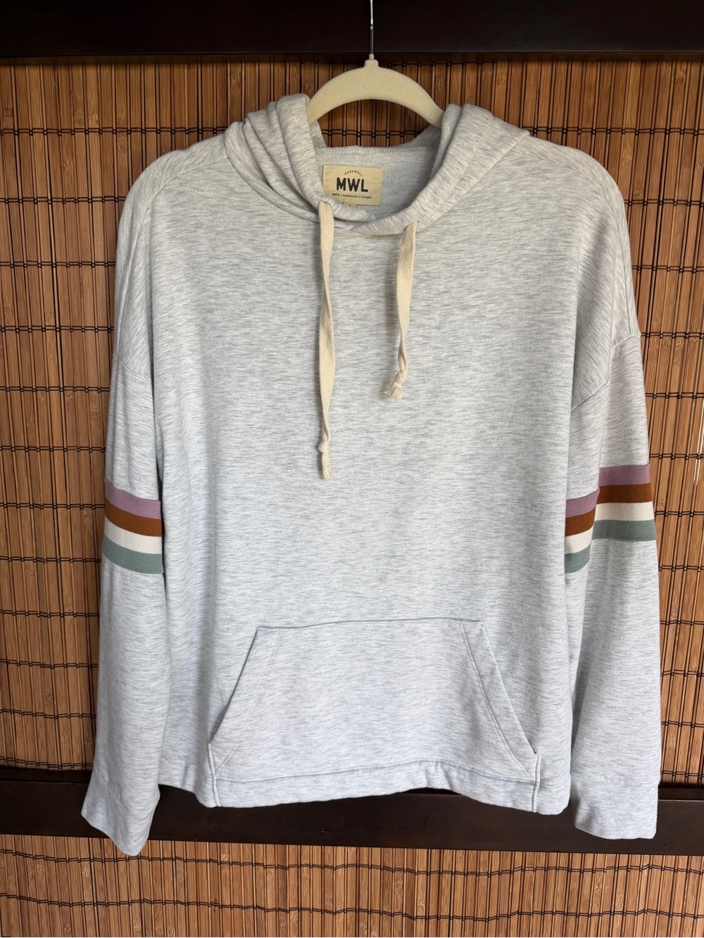 Madewell MWL Heather Gray Striped Sleeve Easygoing Hoodie Sweatshirt